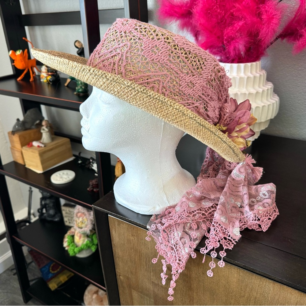 Artisan Straw Hat with Purple- Pinkish Lace and Large Flowers